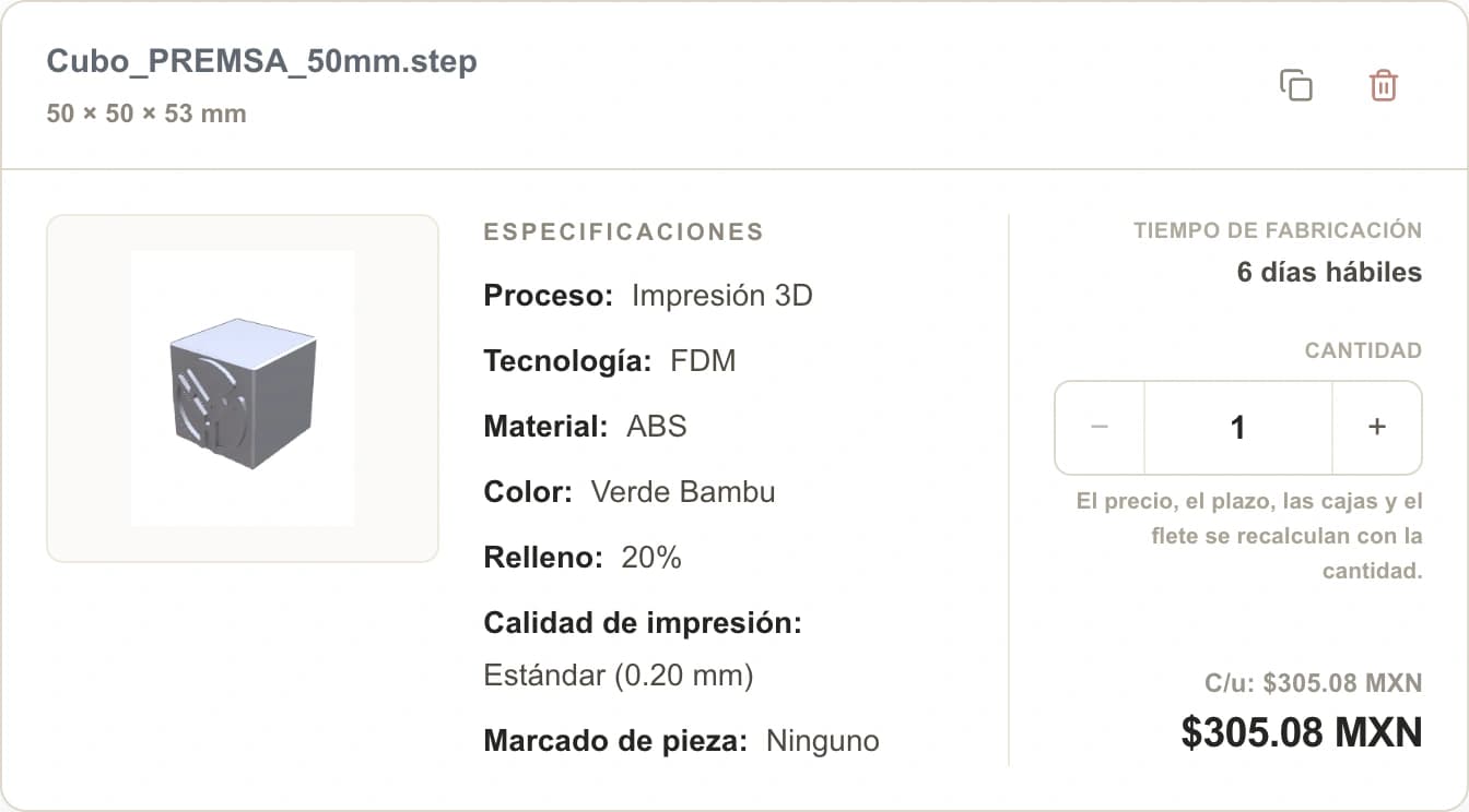 Pieza en el carrito del portal de PREMSA con su especificación, cantidad, precio y botones para duplicar y quitar