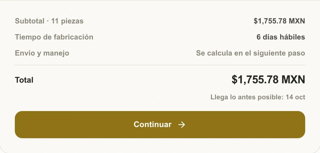 Resumen del carrito del portal de PREMSA con el subtotal de 11 piezas de dos cotizaciones y el total