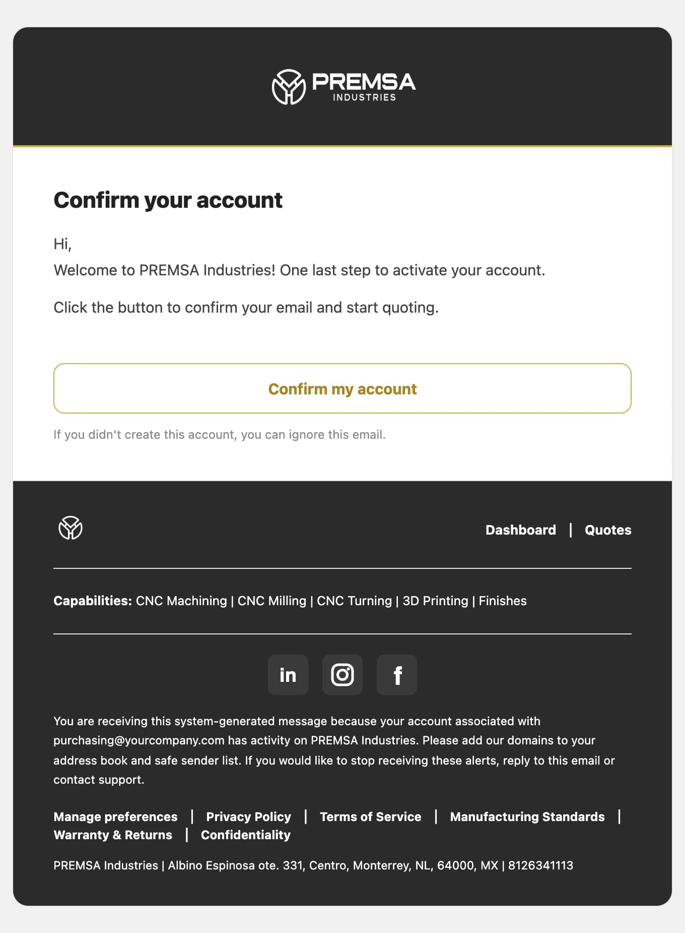 PREMSA Confirm your account email with the Confirm my account button