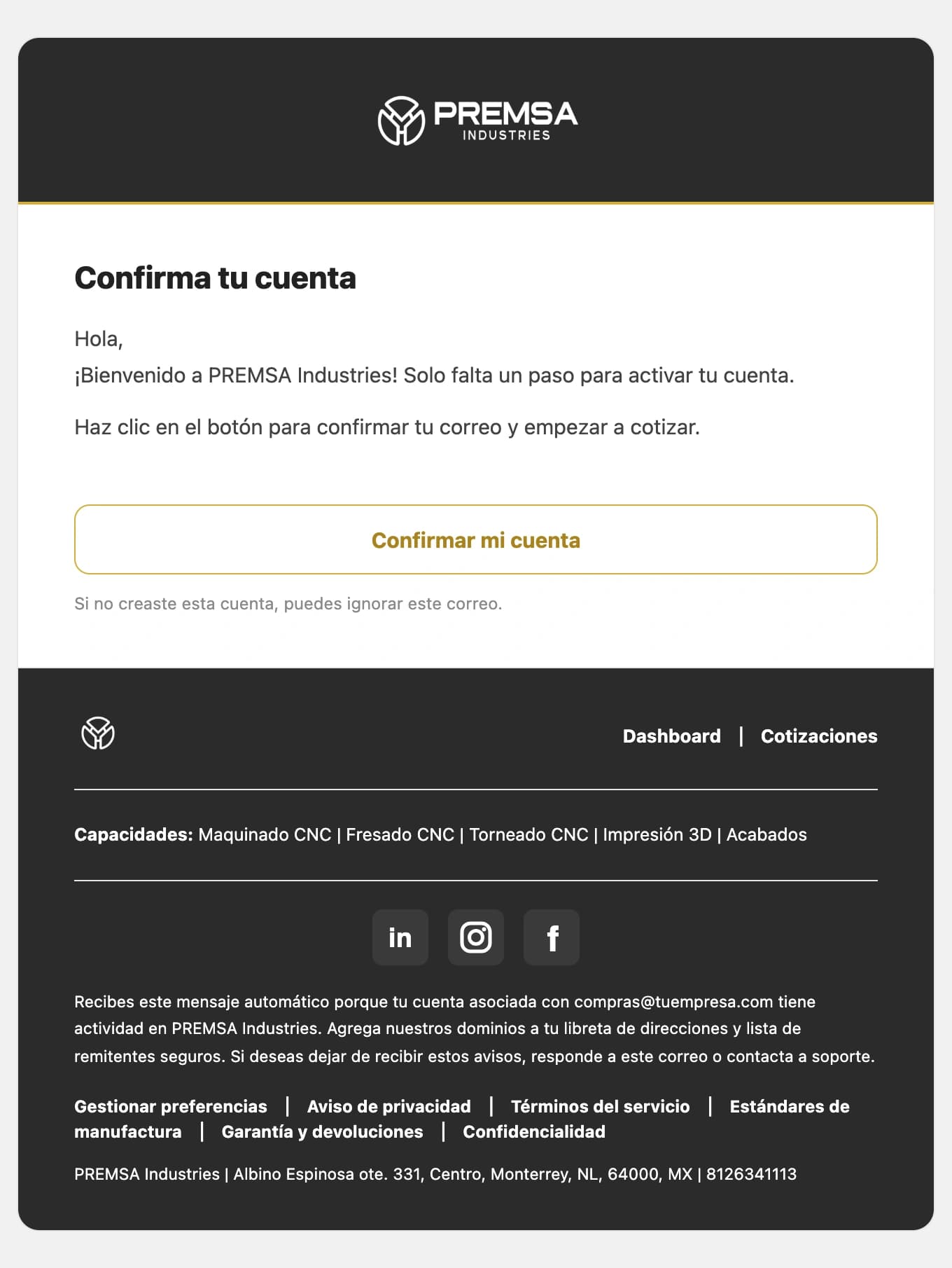 Correo Confirma tu cuenta de PREMSA con el botón Confirmar mi cuenta