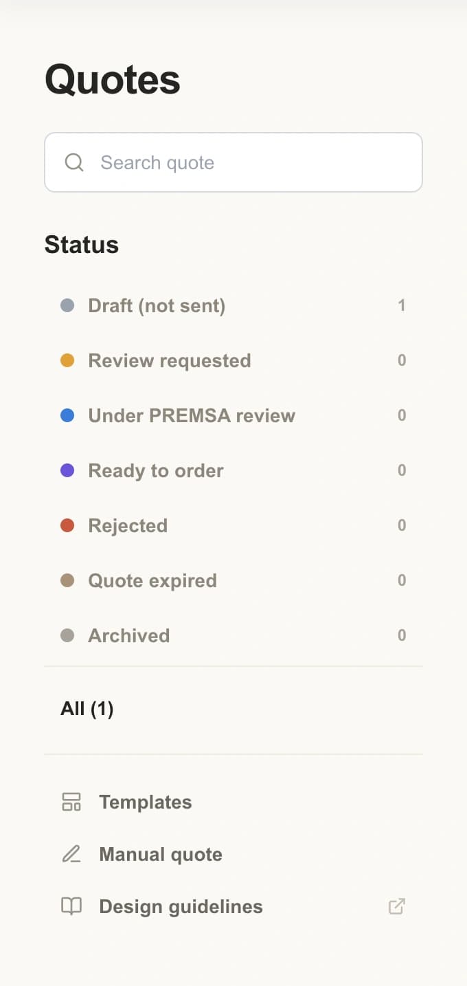 Quotes panel in the PREMSA portal with the search box and quote statuses
