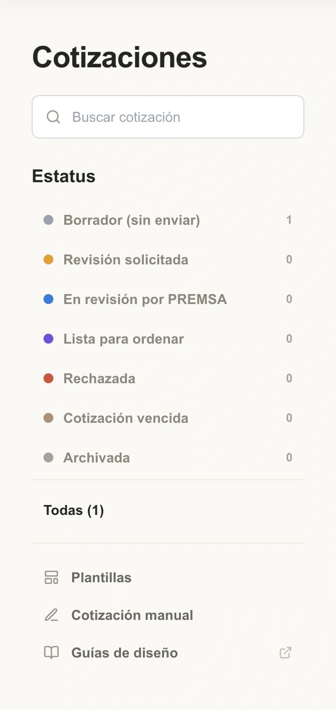 Panel de Cotizaciones del portal de PREMSA con el buscador y los estatus de cotización