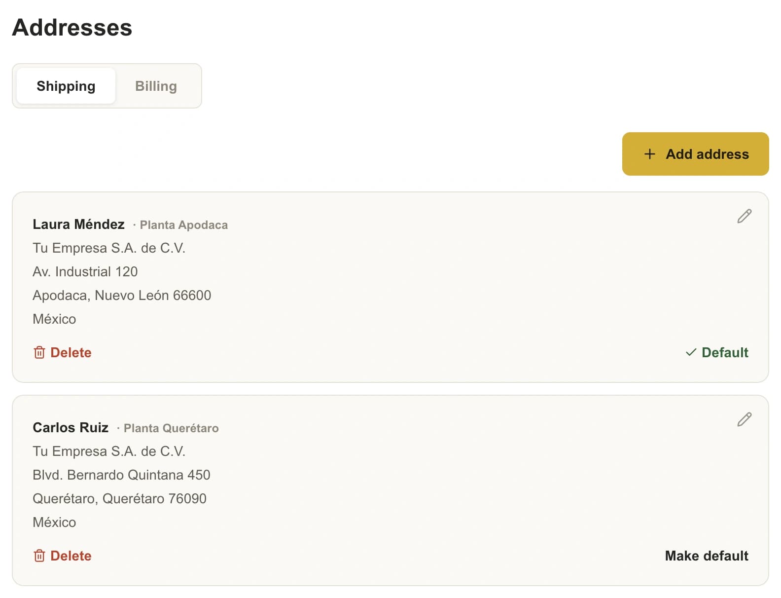 Settings → Addresses in the PREMSA portal with two saved shipping addresses
