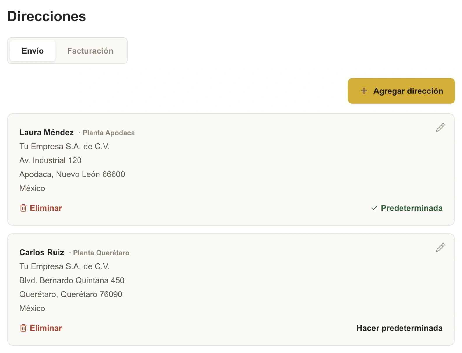 Configuración → Direcciones del portal de PREMSA con dos direcciones de envío guardadas