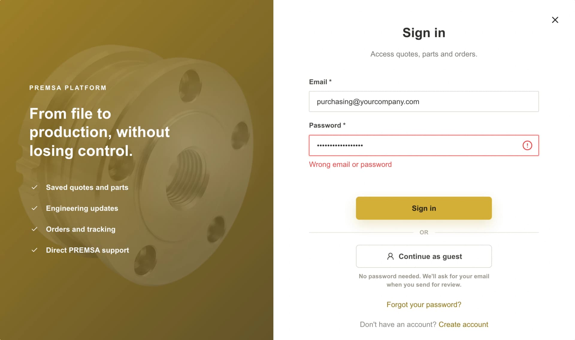 PREMSA portal sign-in with the Wrong email or password message