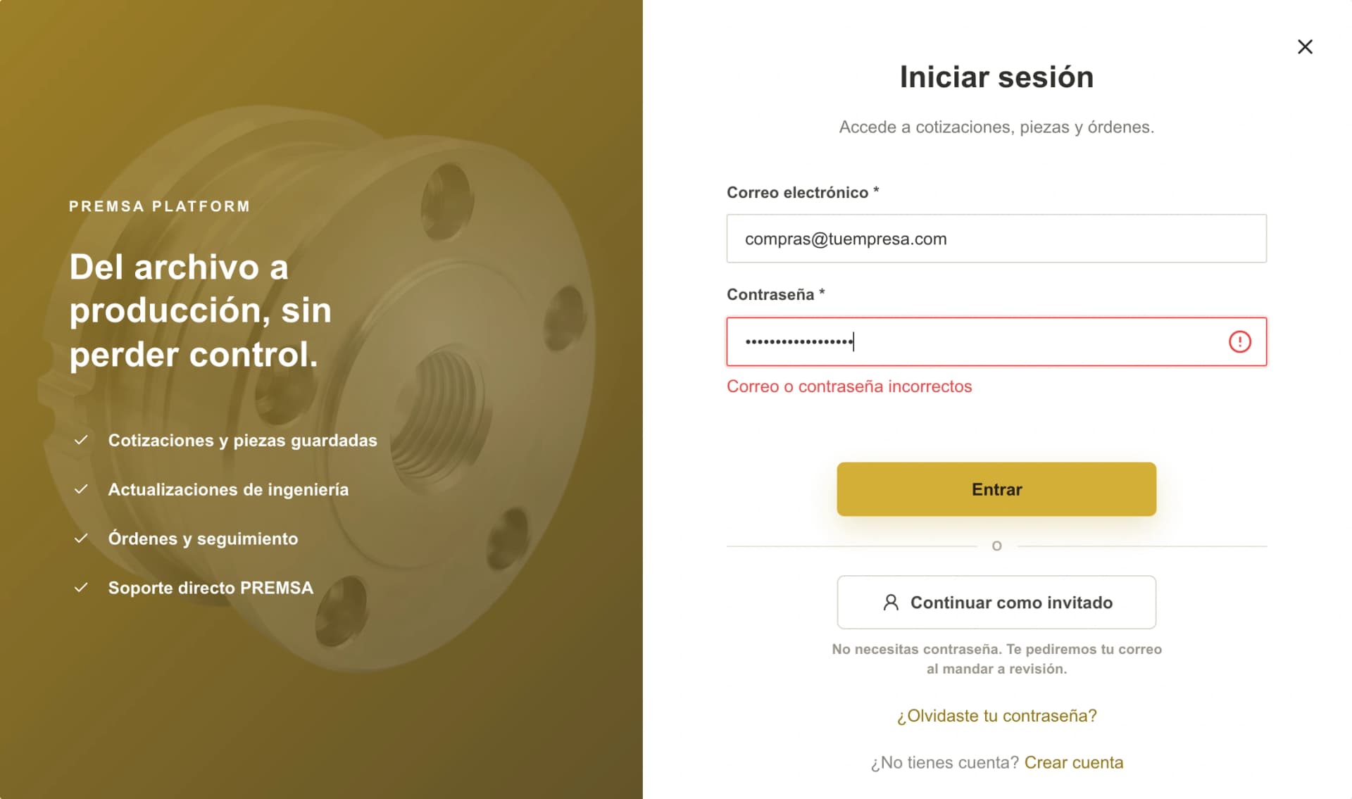 Inicio de sesión del portal de PREMSA con el aviso Correo o contraseña incorrectos