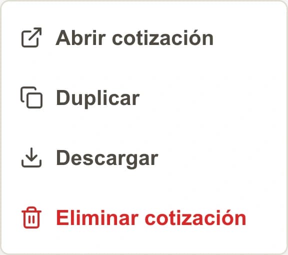 Menú de una cotización en el portal de PREMSA con la opción Eliminar cotización