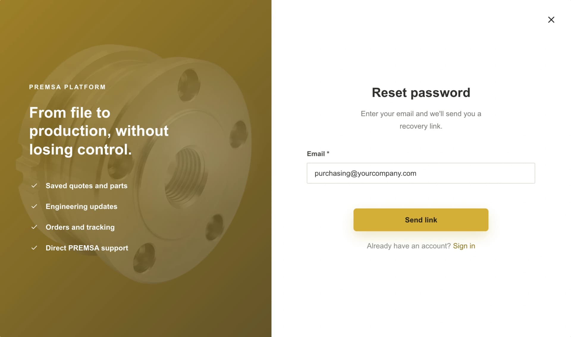 PREMSA portal Reset password window with the email and the Send link button