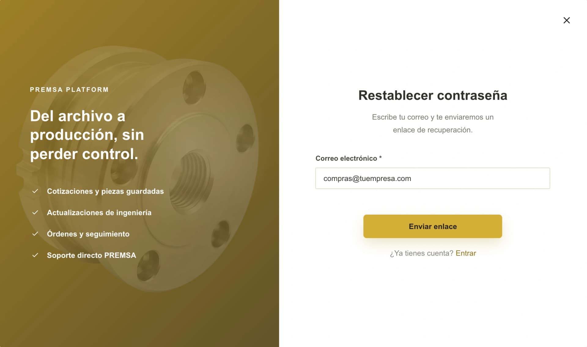 Ventana Restablecer contraseña del portal de PREMSA con el correo y el botón Enviar enlace