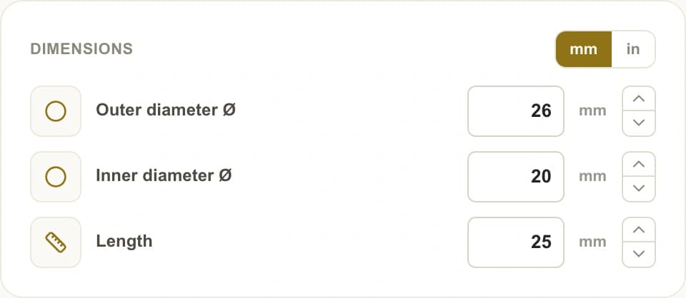 Plain bushing template dimensions in the PREMSA portal: outer diameter, inner diameter and length