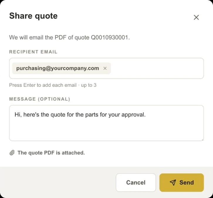 Share quote window in the PREMSA portal with a recipient email and a message