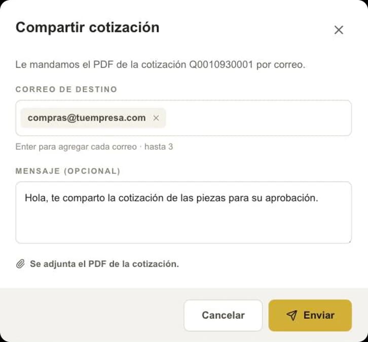Ventana Compartir cotización del portal de PREMSA con un correo de destino y un mensaje