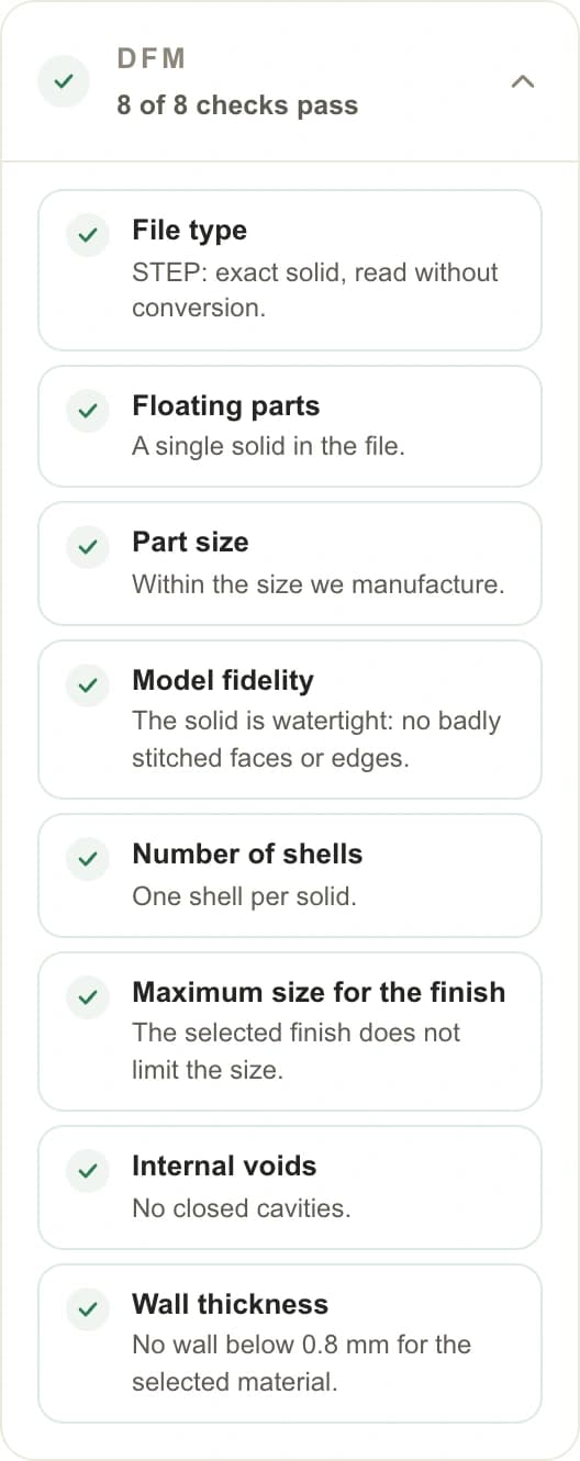 Viewer DFM panel with the manufacturability checks for the PREMSA cube