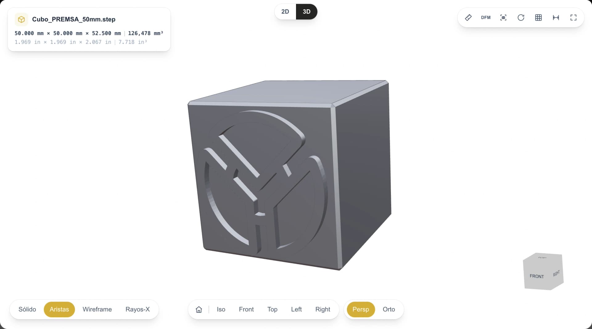 Visor 3D del portal de PREMSA con el cubo de PREMSA, sus medidas y las barras de herramientas
