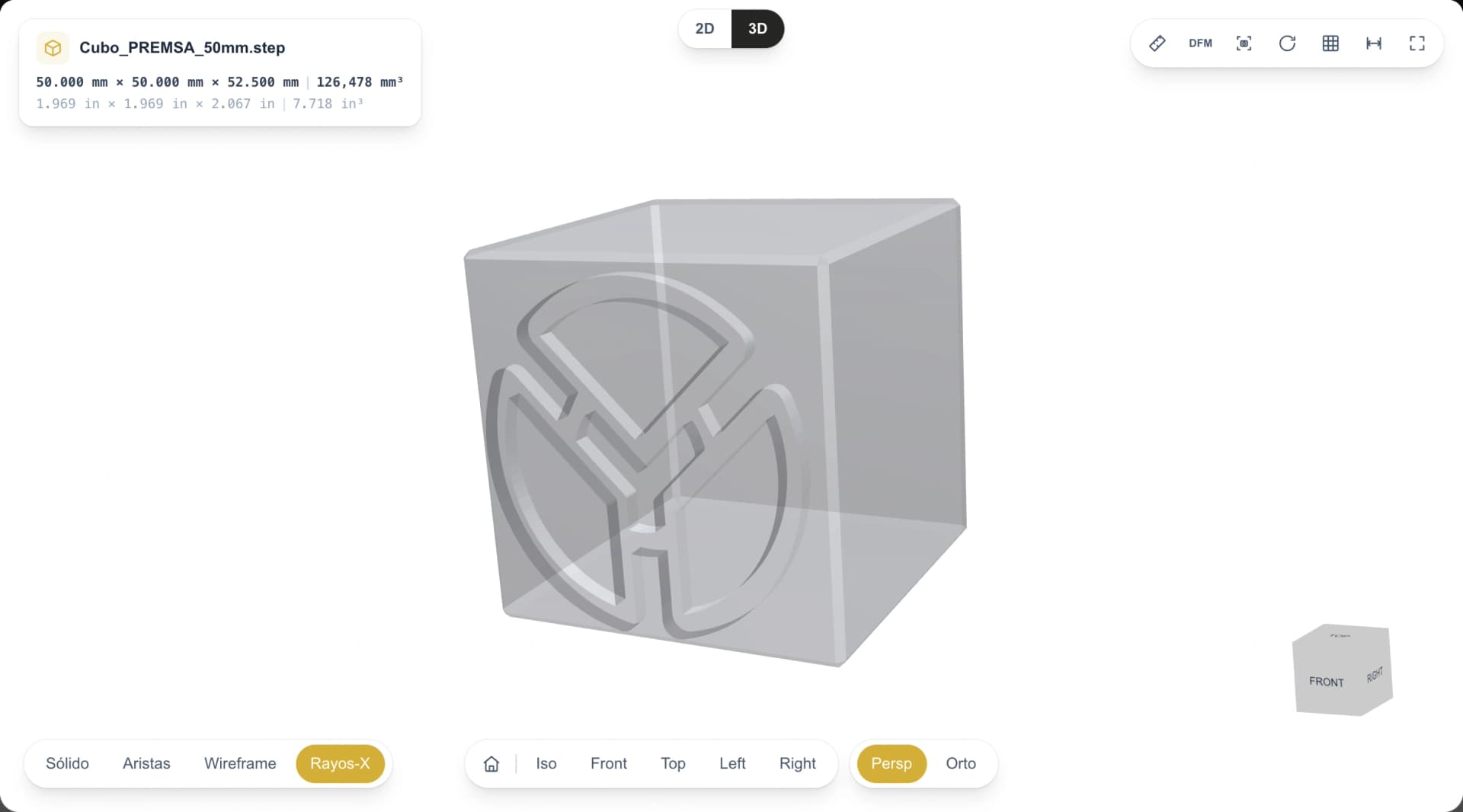 Cubo de PREMSA en modo Rayos-X en el visor del portal