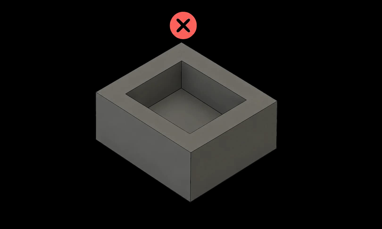 3D scheme: pocket with sharp internal corners at 90° (bad CNC design)