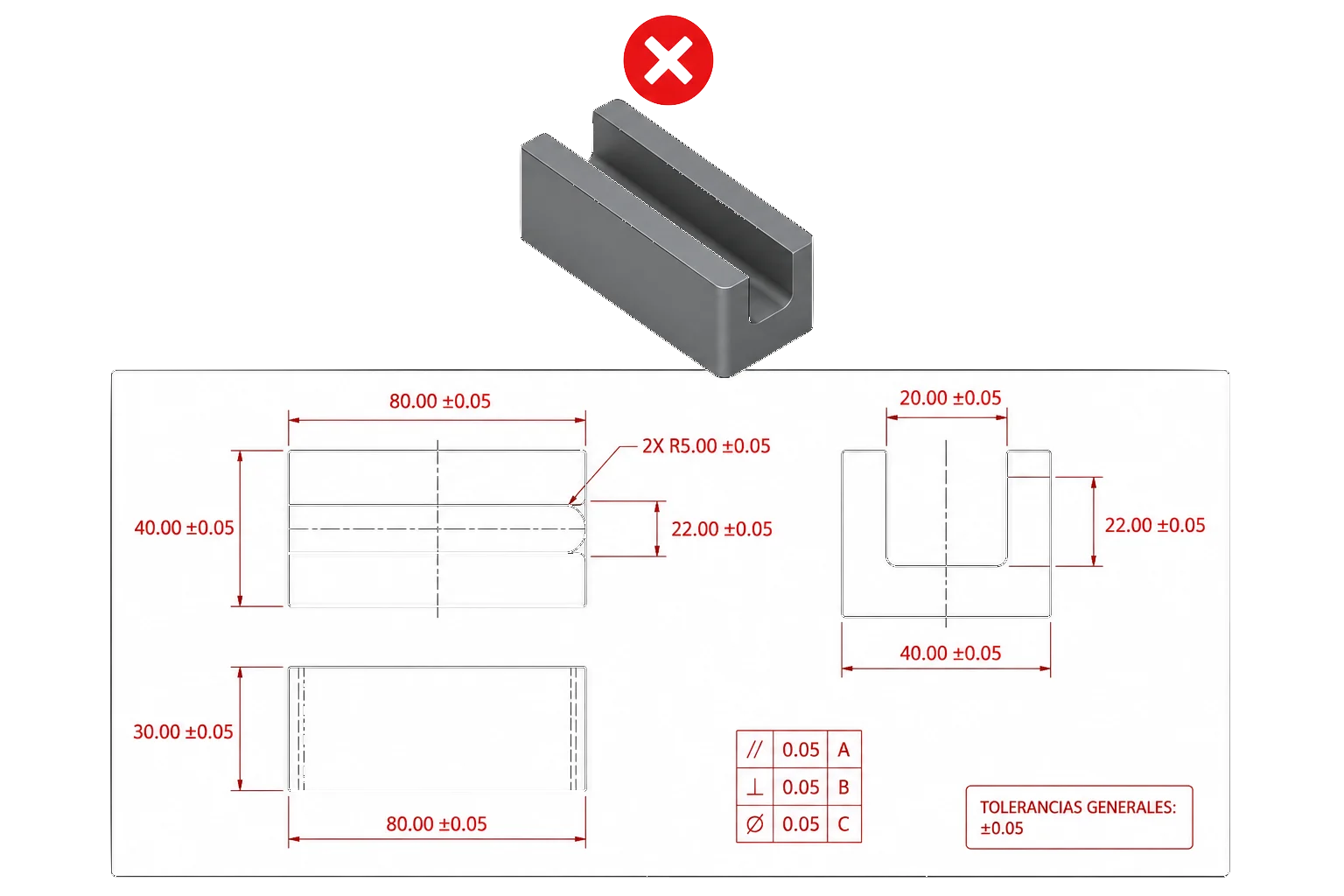 3D diagram: tolerances ±0.05 mm throughout the piece (bad CNC design)