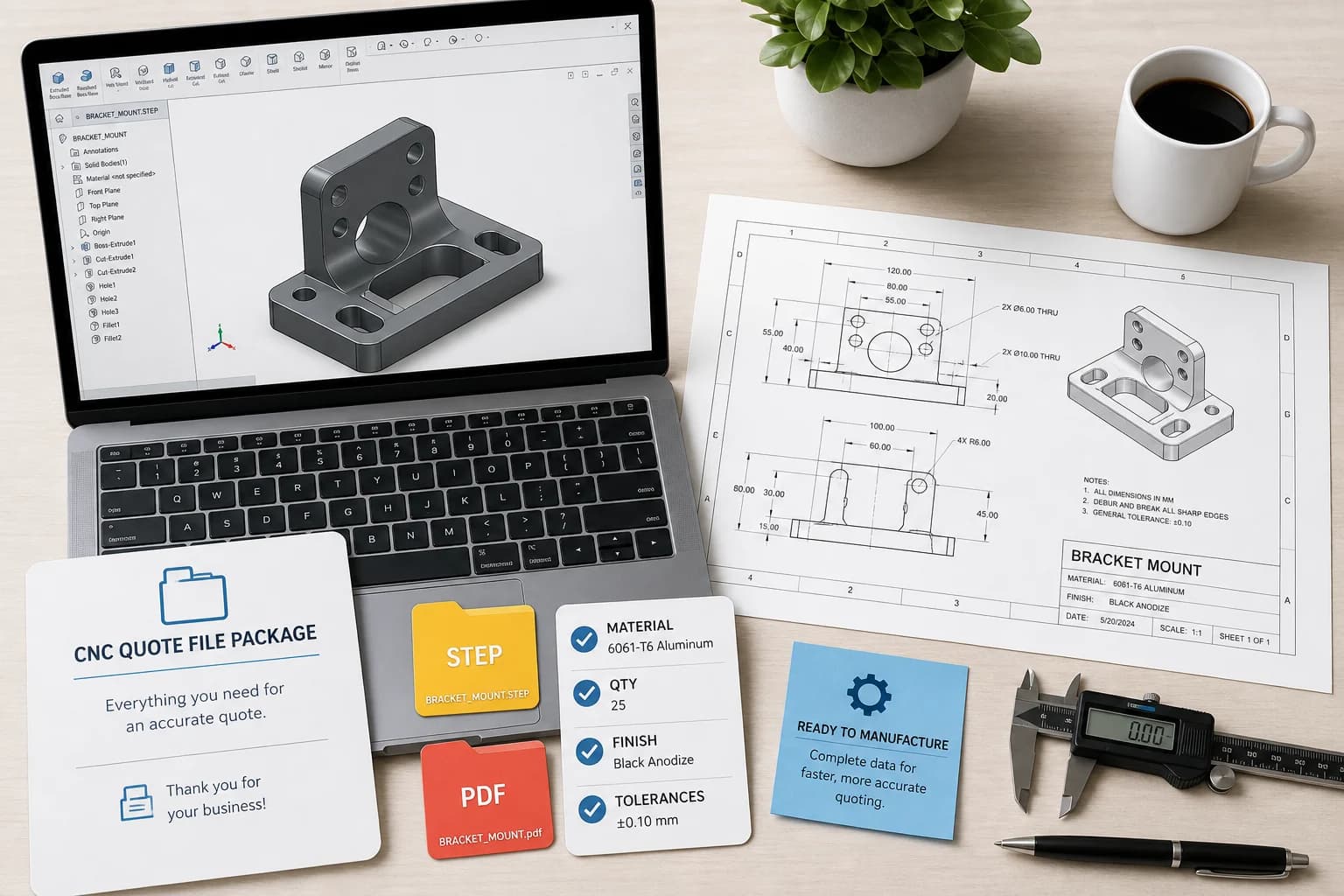 CNC Quotation Package with STEP Model, PDF Drawing and Requirements Checklist