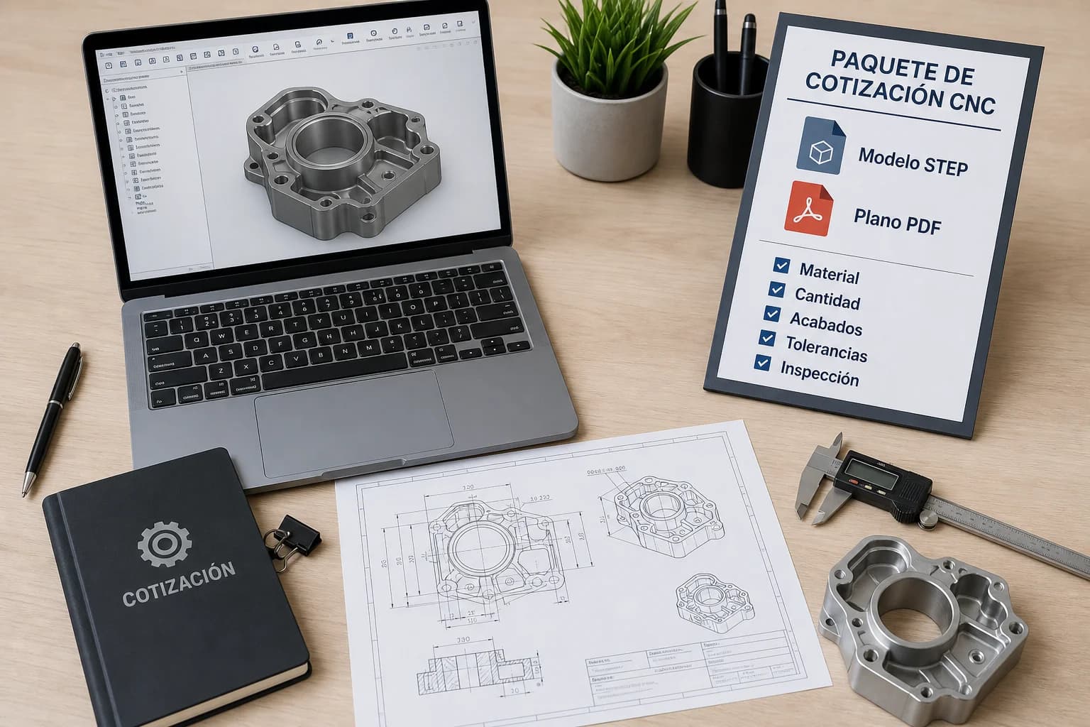 Paquete de cotización CNC con modelo STEP, plano PDF y lista de verificación de requisitos