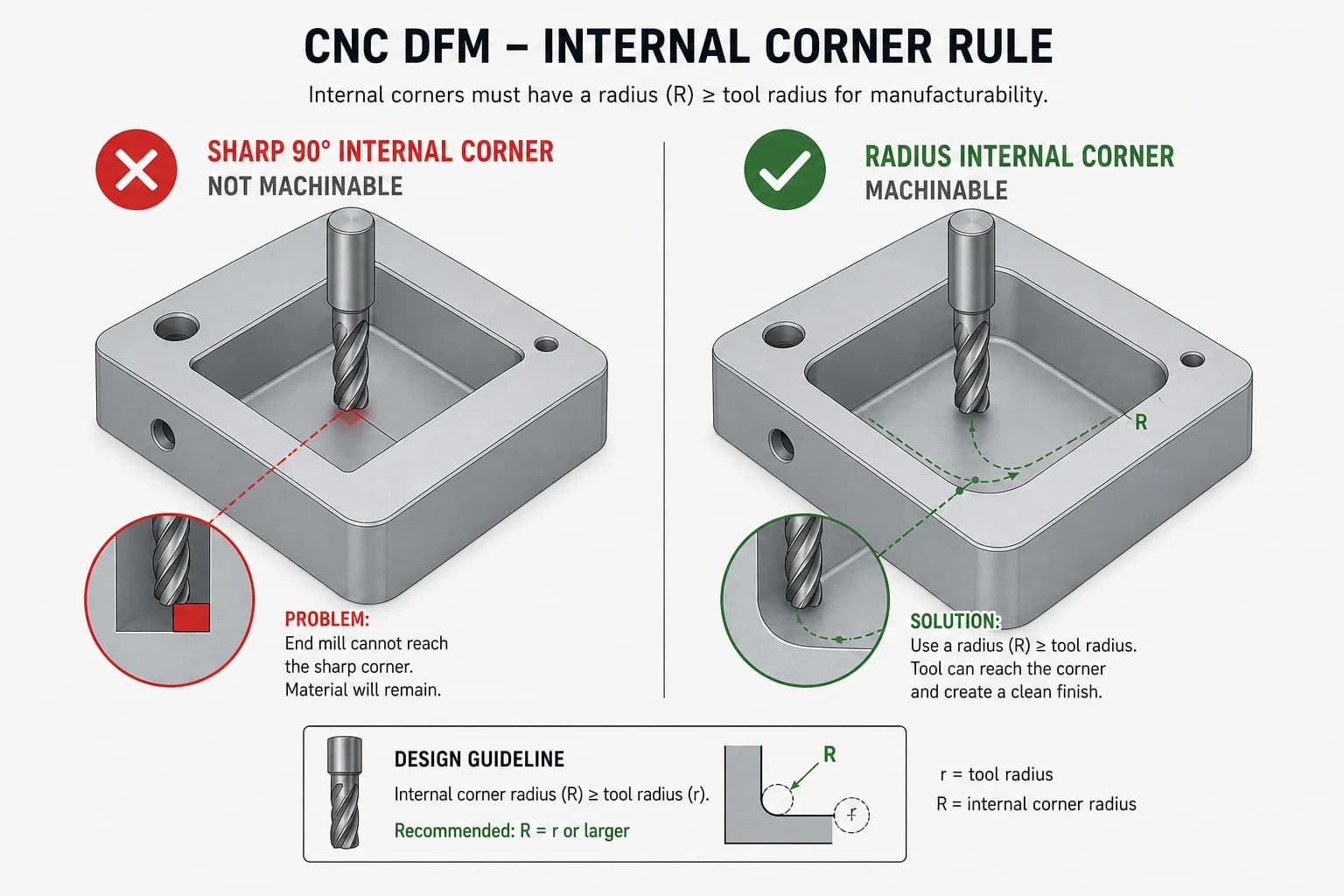 DFM Comparison: Sharp Inside Corner vs. Radius Aligned with Milling Tool