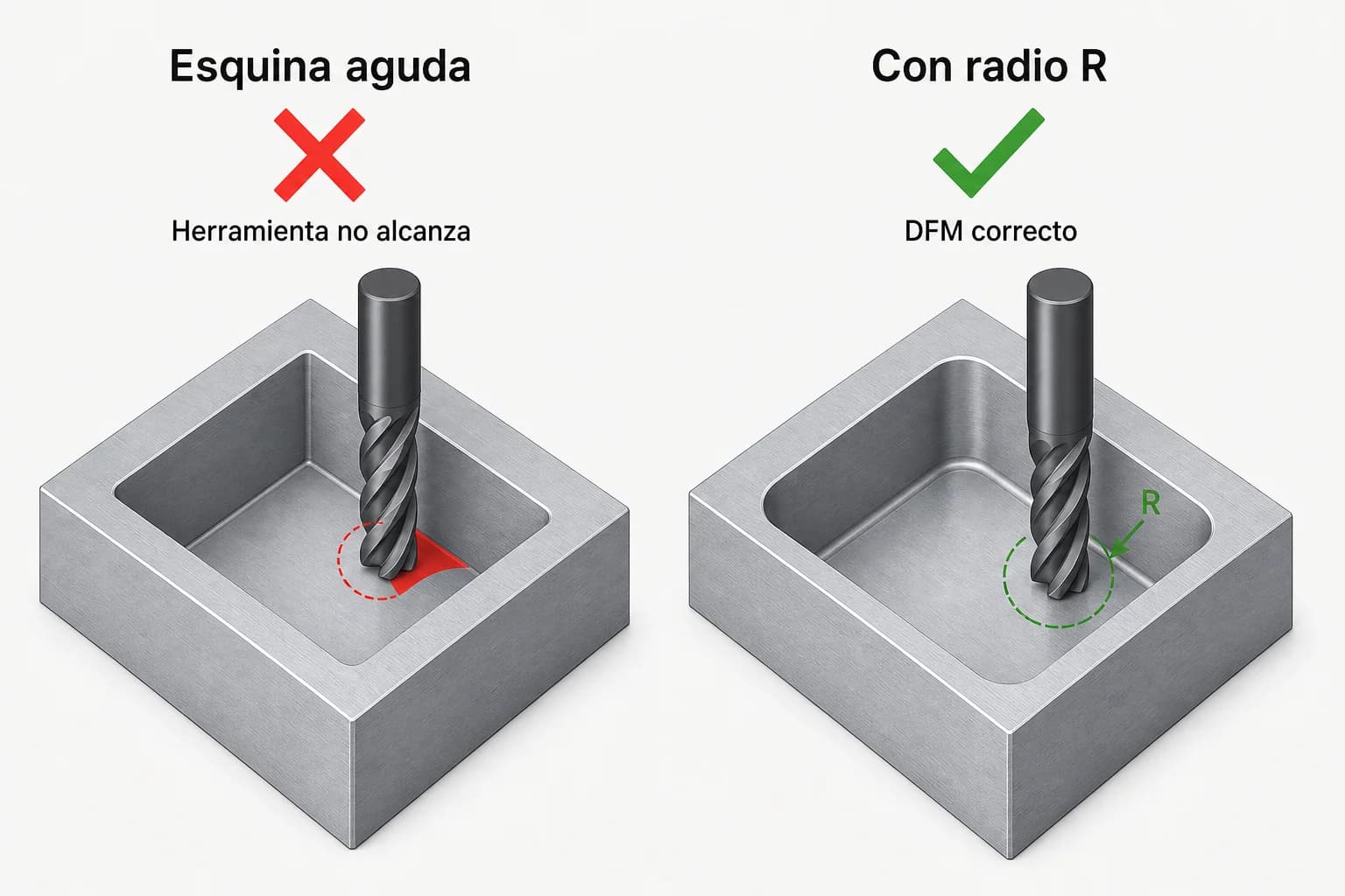 Comparación DFM: esquina interna aguda vs radio alineado con herramienta de fresado