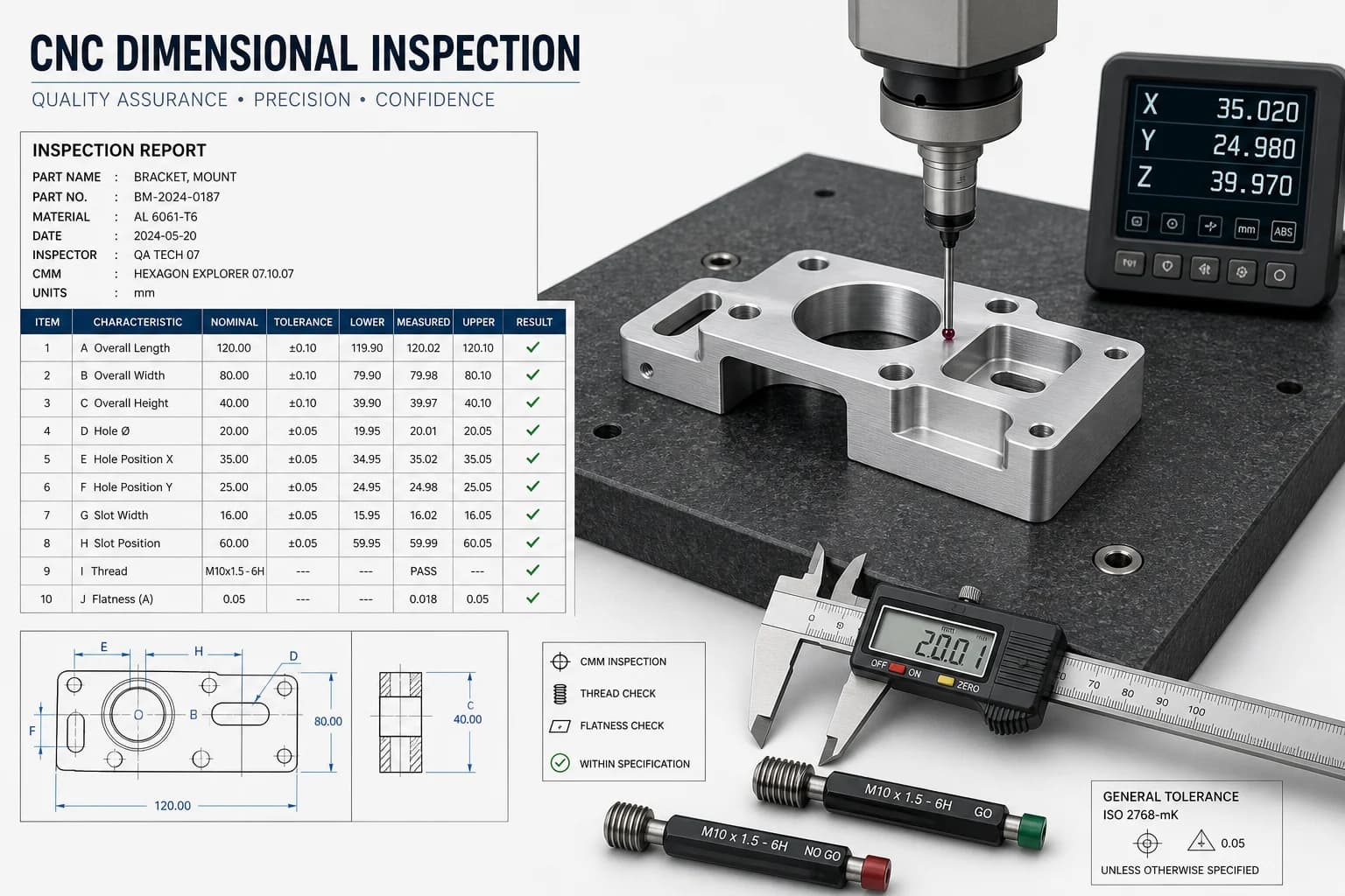Dimensional inspection with CMM, gauges and measurement report on CNC part