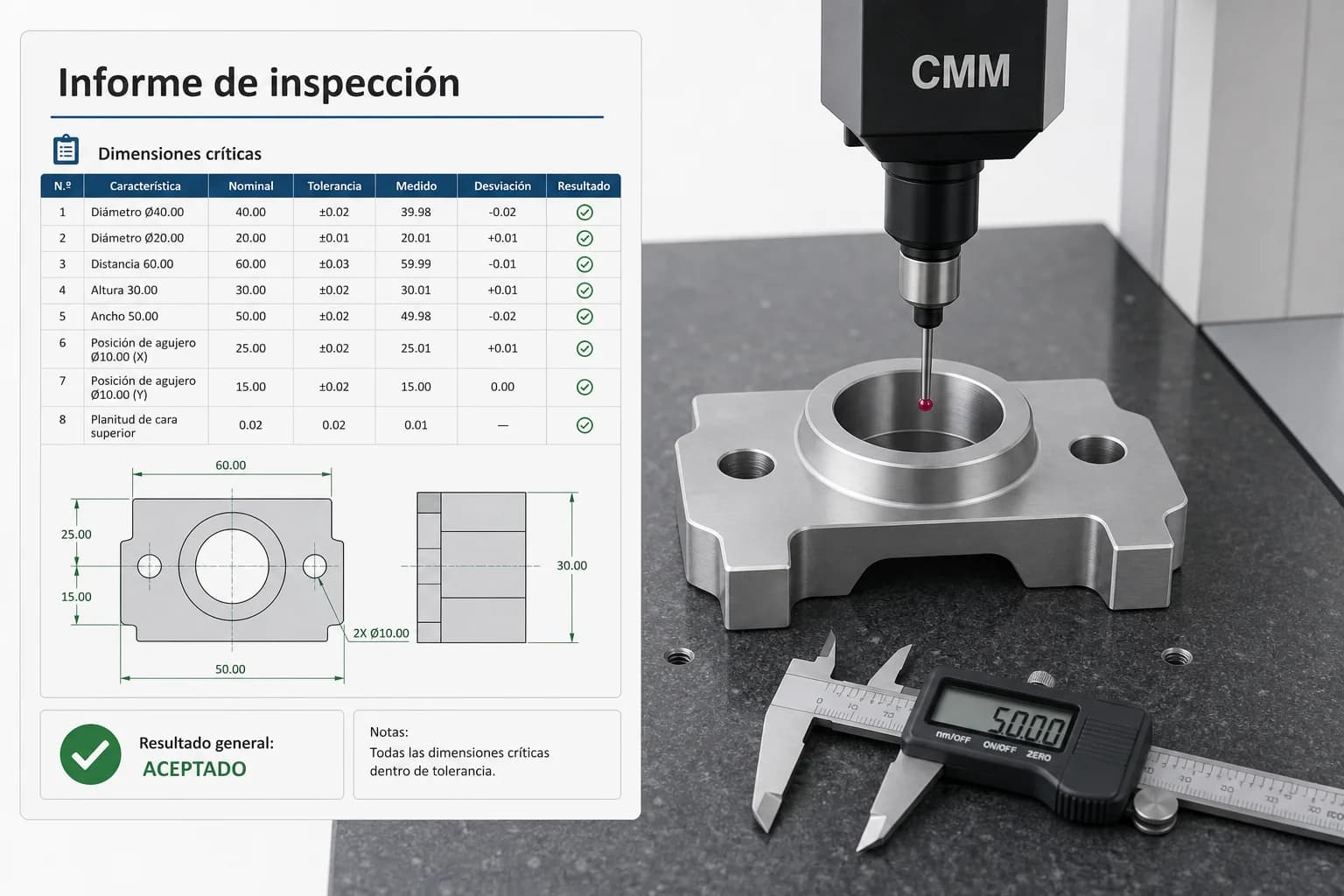 Inspección dimensional con CMM, calibres y reporte de mediciones en pieza CNC