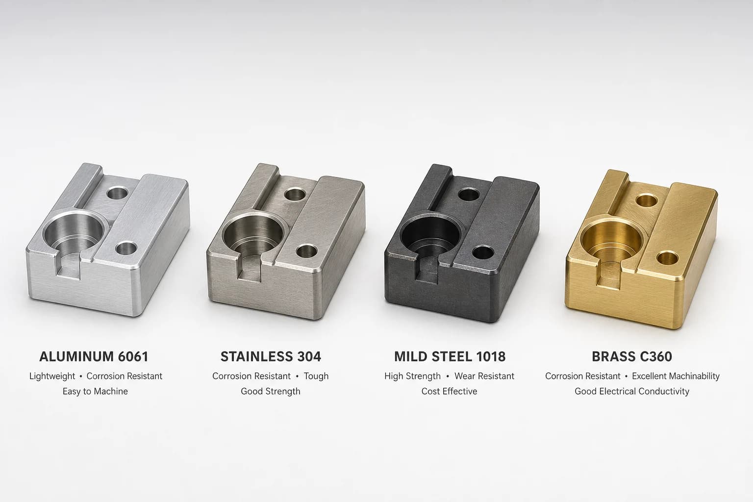 CNC Machined Aluminum, Stainless, Steel and Brass Samples for Comparison