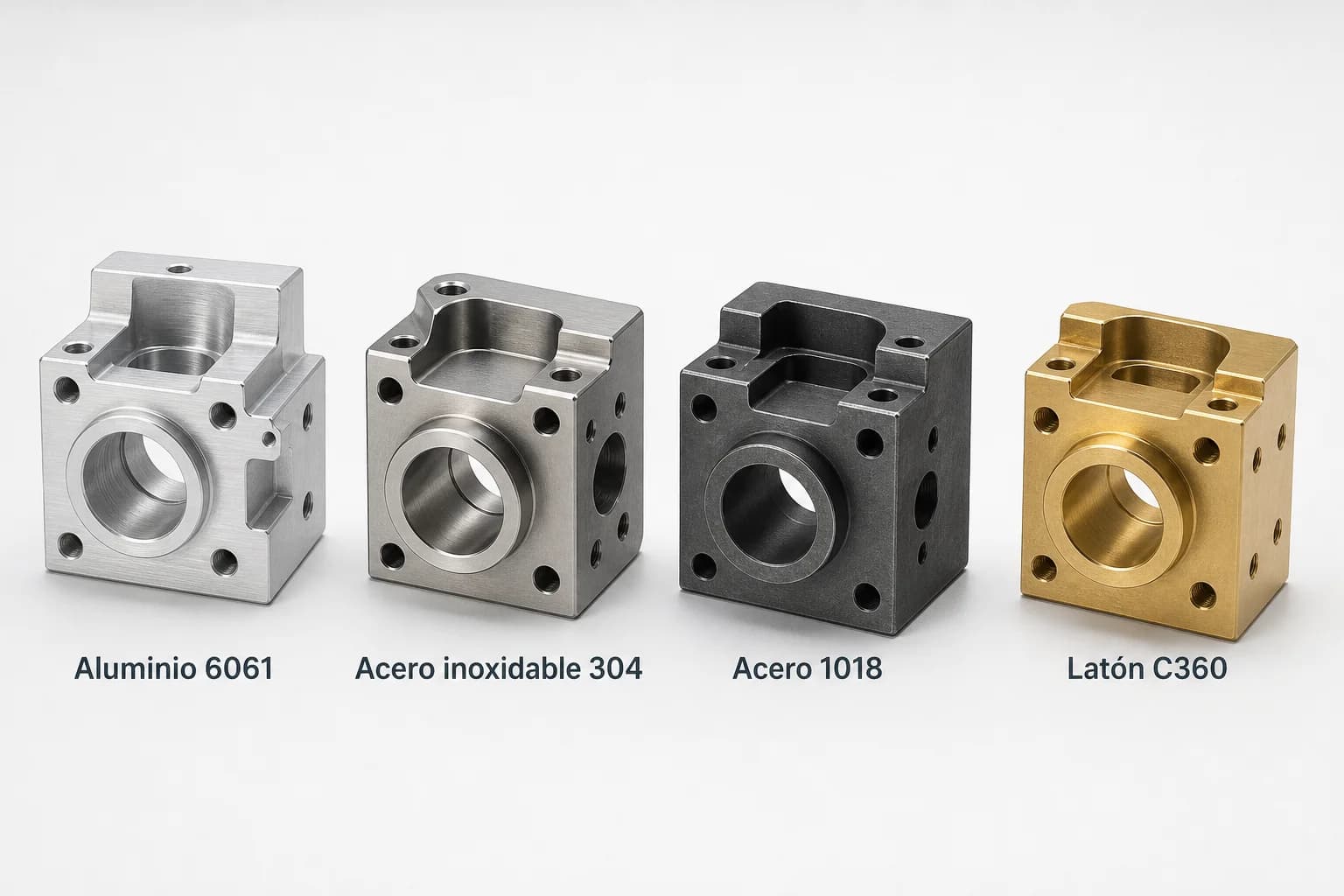 Muestras mecanizadas de aluminio, inoxidable, acero y latón para comparación CNC