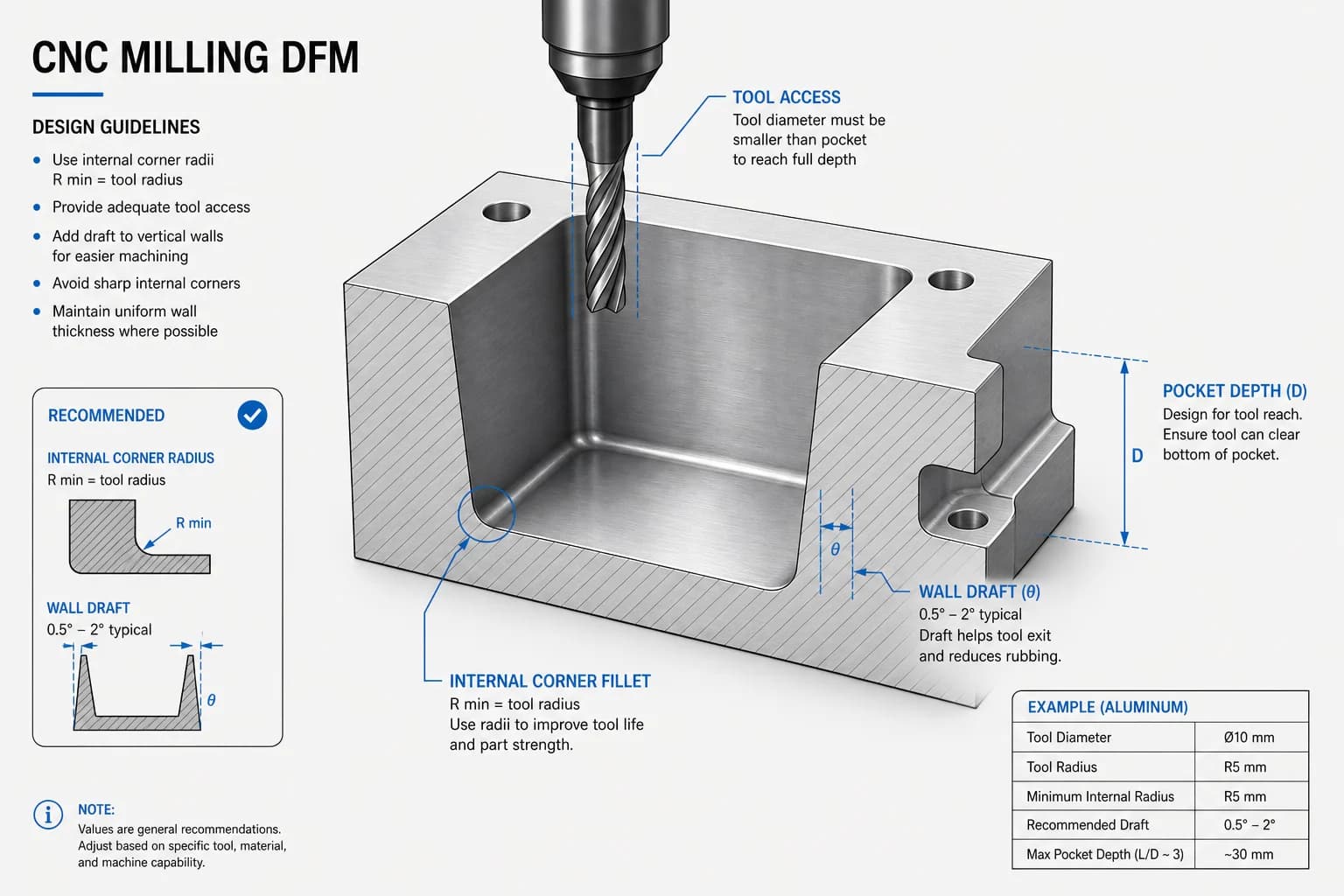Technical illustration of milled pocket with internal radius and depth dimensions