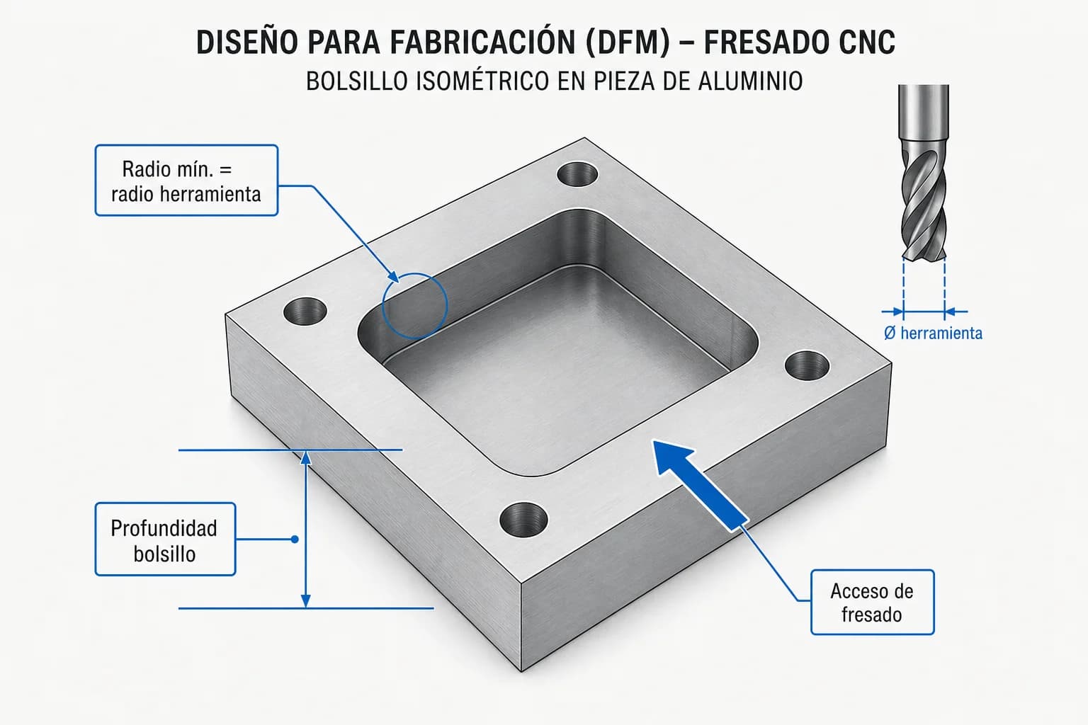 Ilustración técnica de bolsillo fresado con radio interno y cotas de profundidad