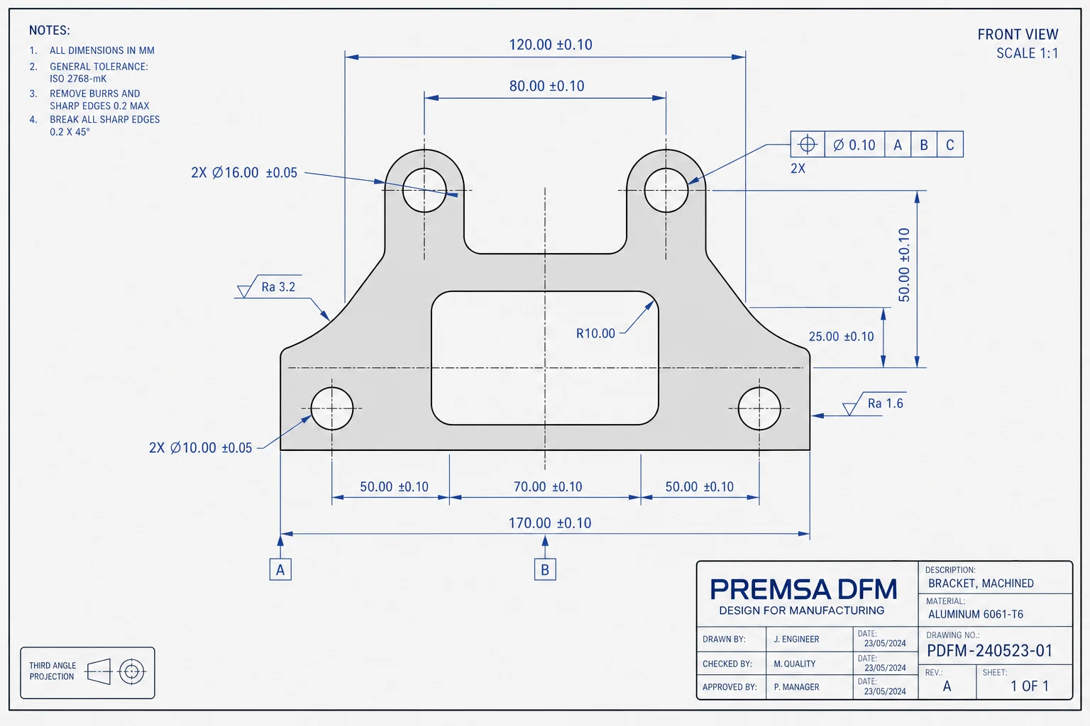 CNC drawing with critical tolerances and GD&T applied correctly