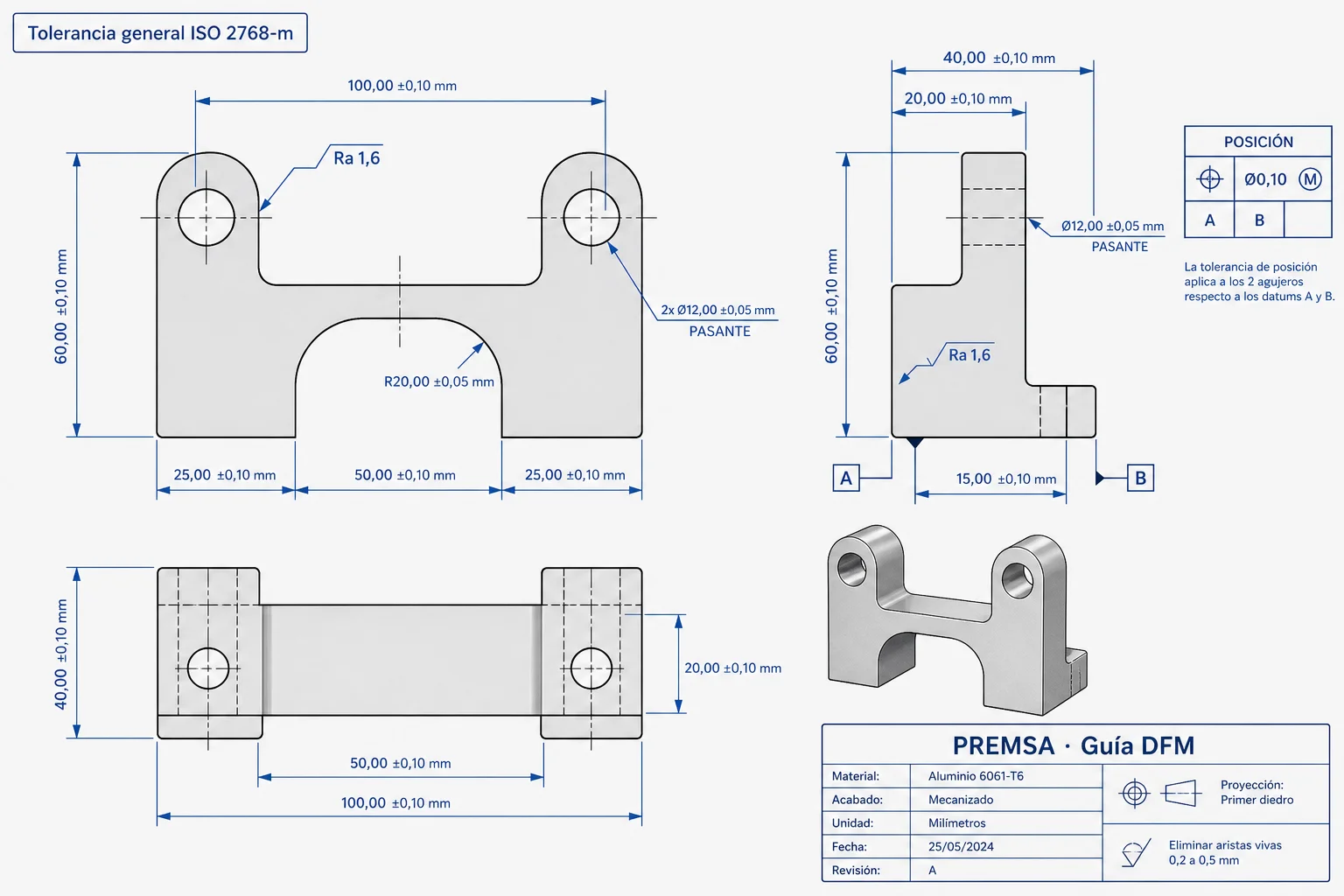 Plano CNC con tolerancias críticas y GD&T aplicado correctamente