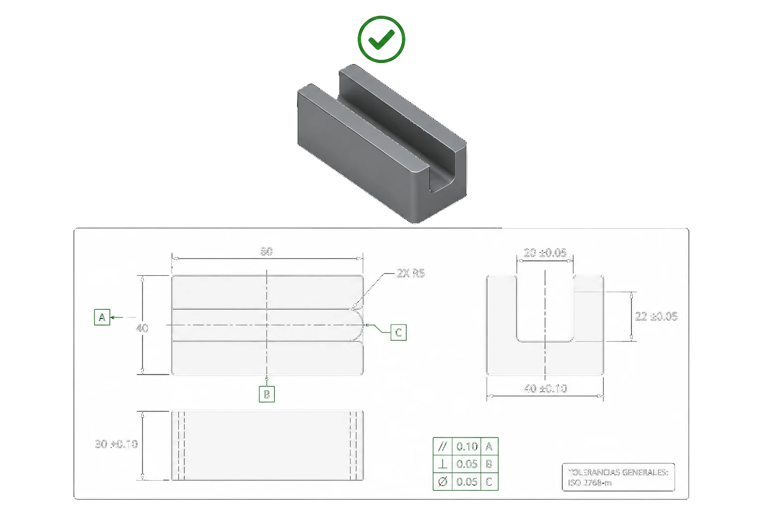3D scheme: ISO 2768-m general and critical tolerances only where it matters