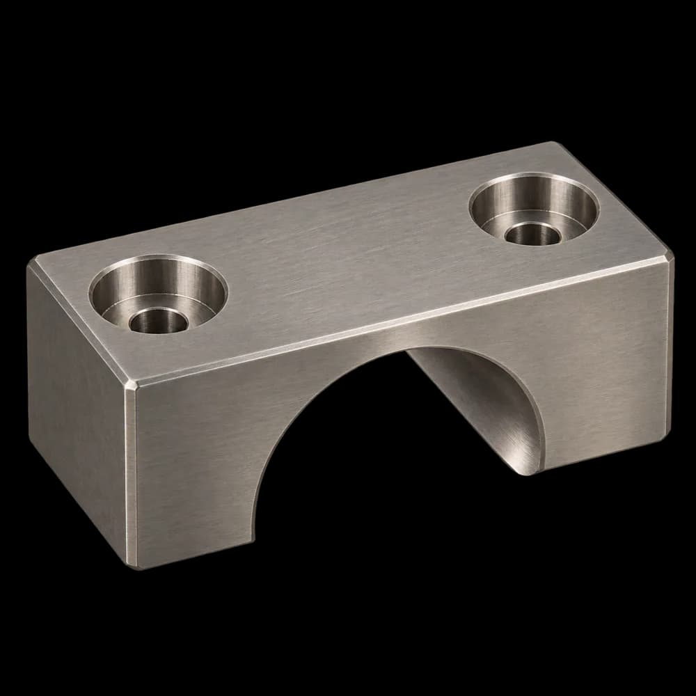 CNC milled titanium grade 2 tube clamp with Ø25 mm half-round saddle and two counterbored holes