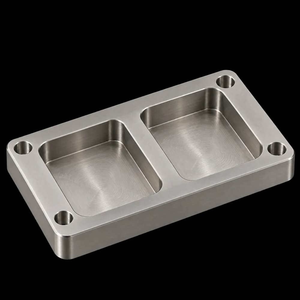 Soporte aligerado de titanio grado 5 Ti-6Al-4V fresado en CNC con dos cajas de aligeramiento y cuatro barrenos