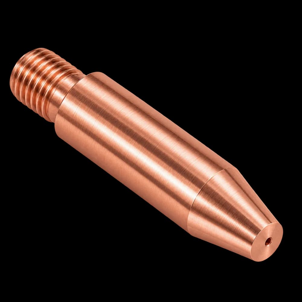 CNC turned C14500 copper MIG contact tip with M6 thread and Ø1.2 mm bore