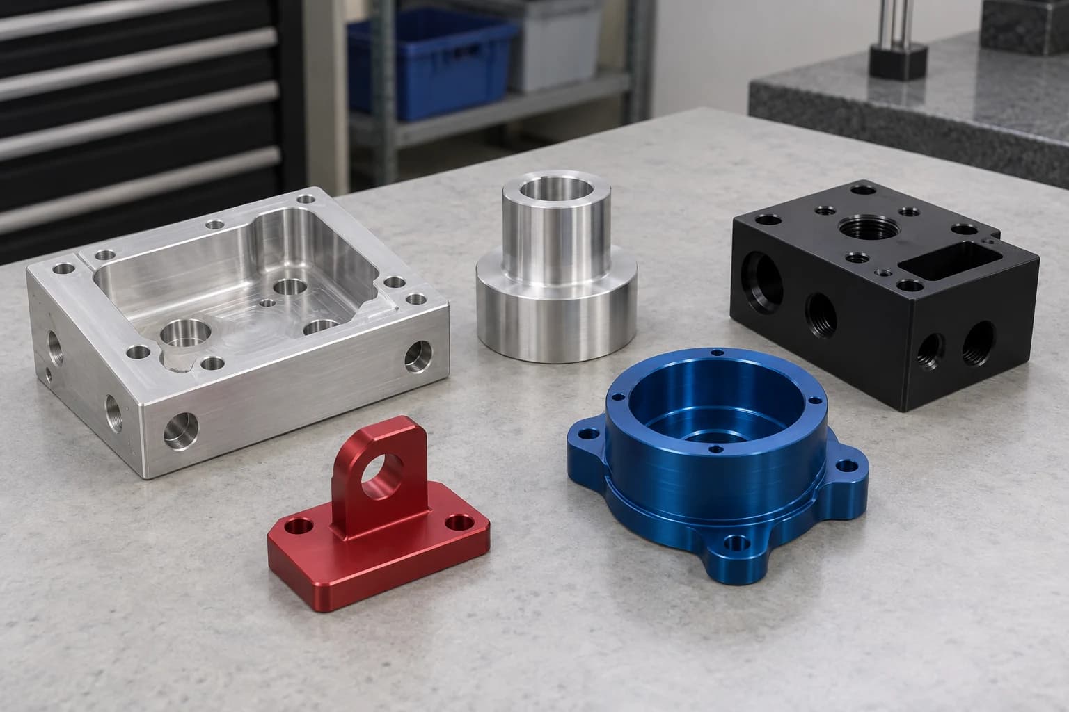 Illustrative image: Machined aluminum parts in natural, black, red and blue anodized finishes