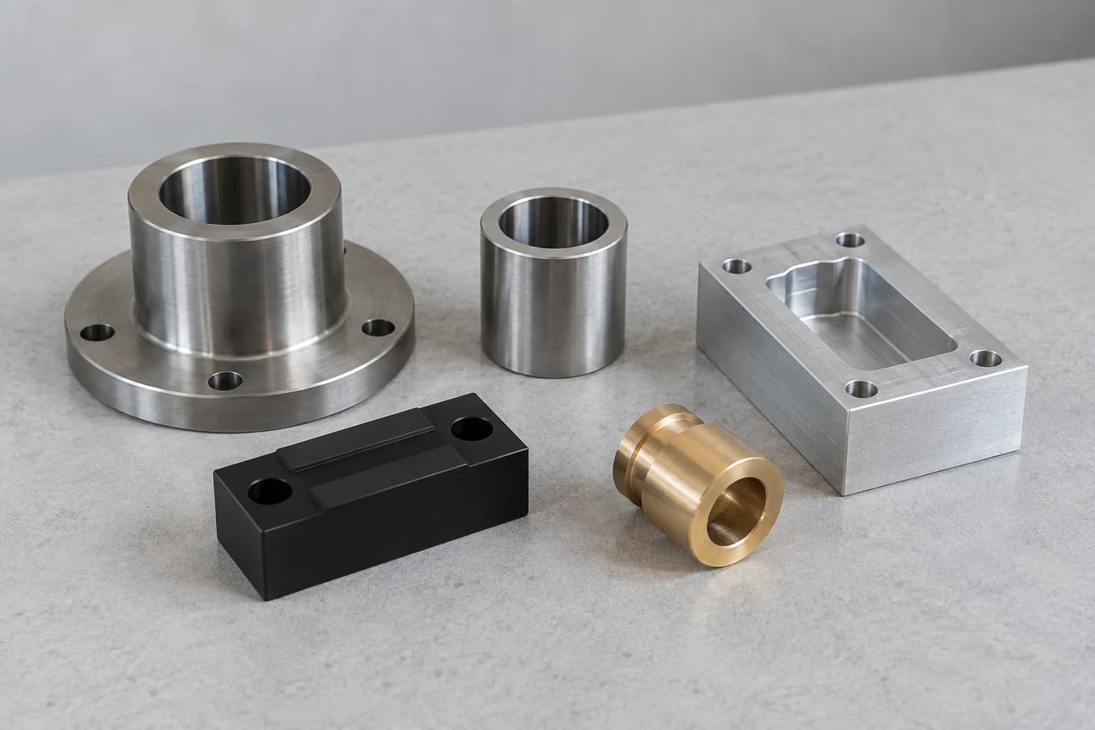 Illustrative image: Finished steel, aluminum, brass and acetal parts on a clean tabletop
