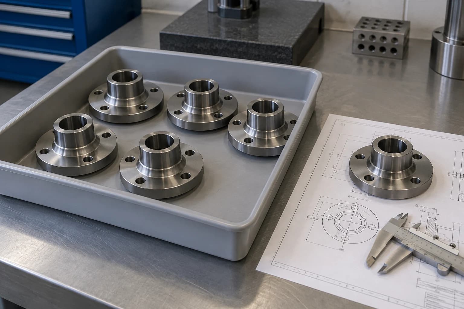 Illustrative image: Batch of machined steel flanges beside an inspection drawing