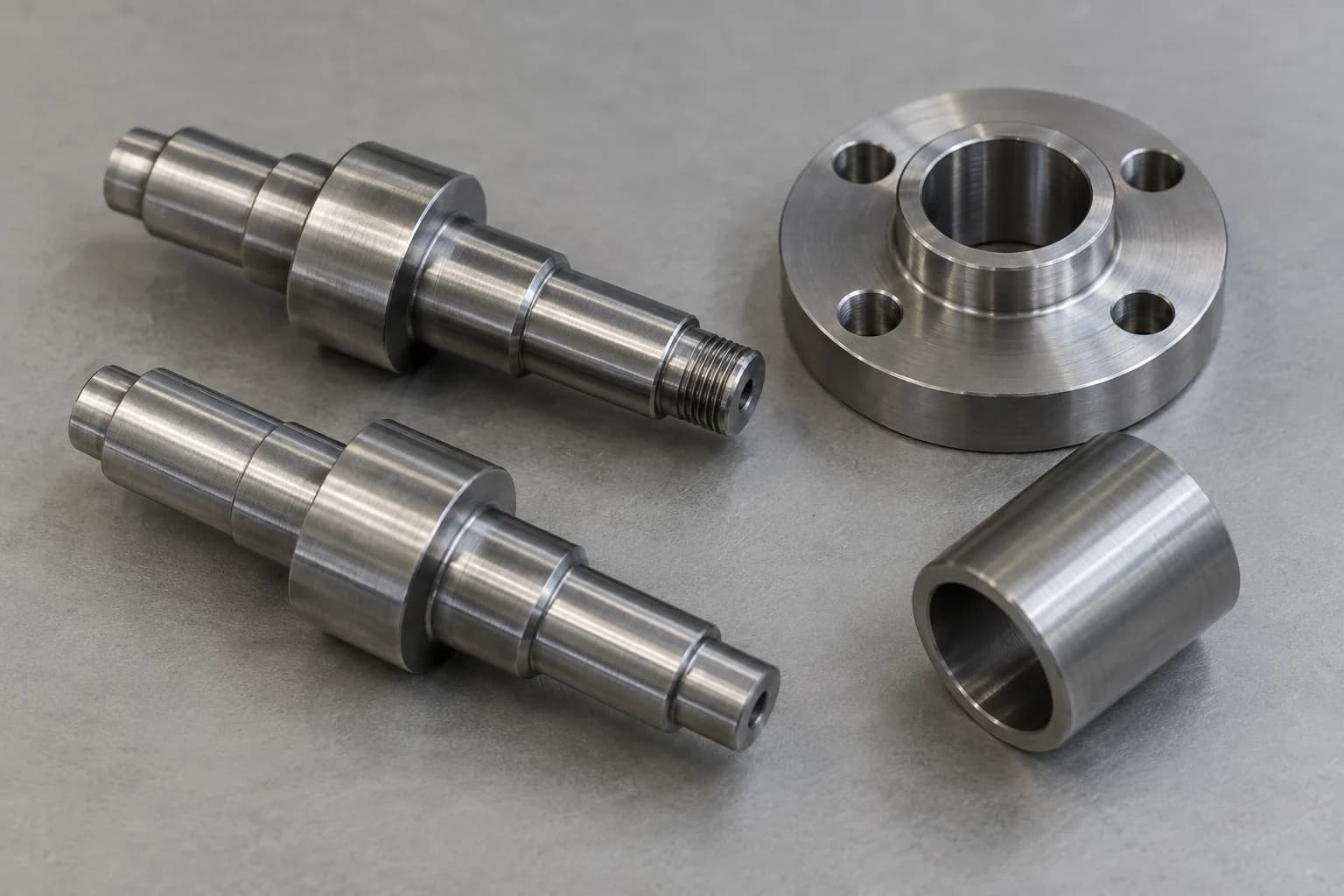 Illustrative image: Machined steel stepped shafts, flange and spacer
