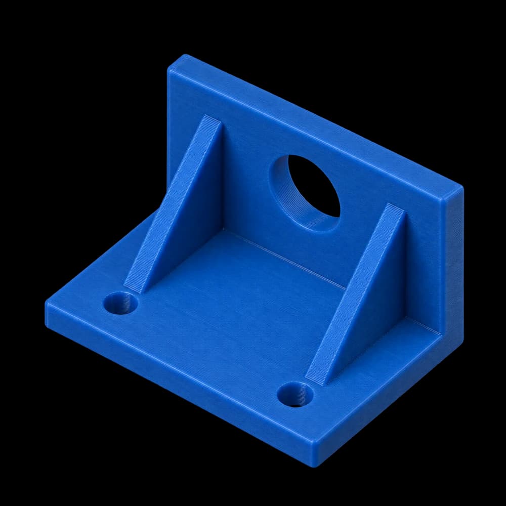 Ribbed bracket FDM-printed in blue PETG with visible layer texture