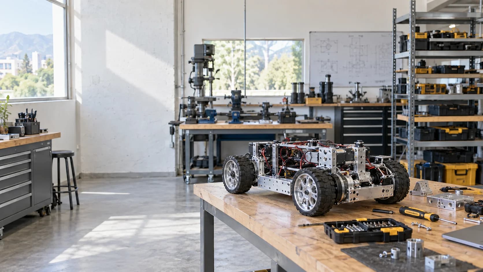 Robot de competencia sobre una mesa de trabajo en un taller universitario