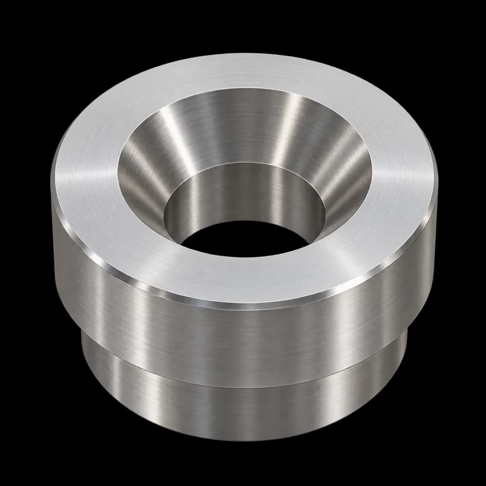 CNC turned 410 stainless steel valve seat with center bore and 45° conical seat