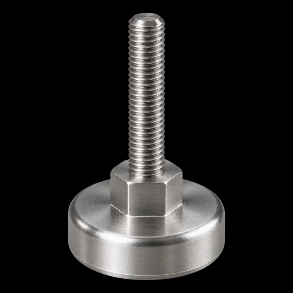 Pata niveladora de acero inoxidable 430 torneada en CNC con base redonda, hexágono y espárrago roscado M10