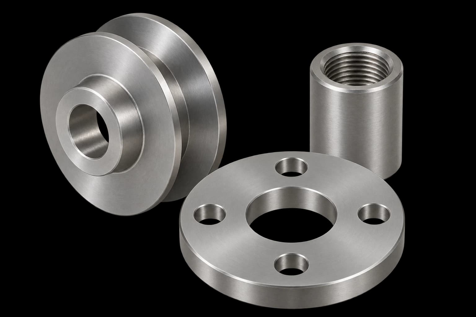 CNC-machined steel pulley with round bore, threaded coupling and flange, illustrative image