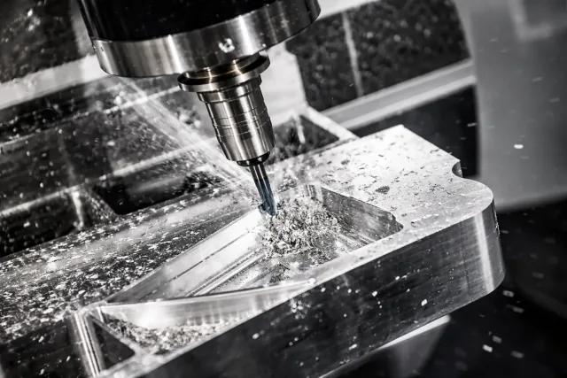 CNC machining setup with precision inspection tooling over a machined metal component