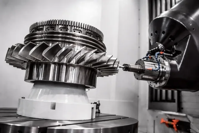 CNC machining setup with precision inspection tooling over a machined metal component