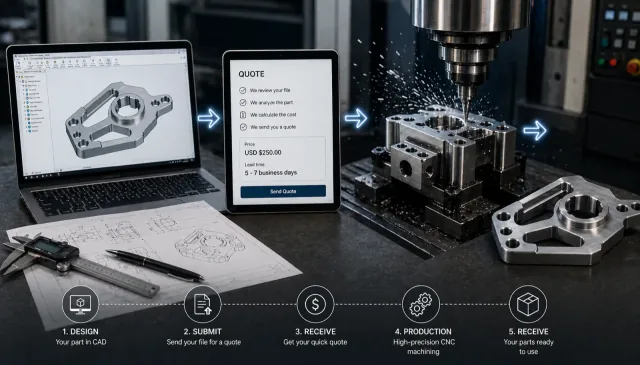 Engineer reviewing a CNC machined part and CAD model before production