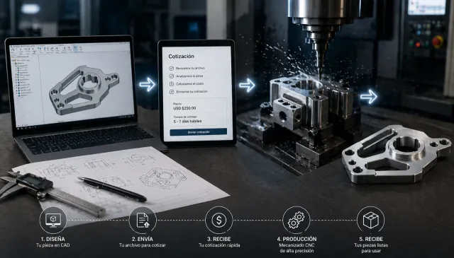 Ingeniero revisando una pieza mecanizada CNC y un modelo CAD antes de producción